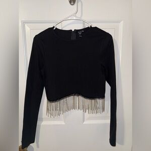 Windsor Black Rhinestone Fringe Long Sleeve Top